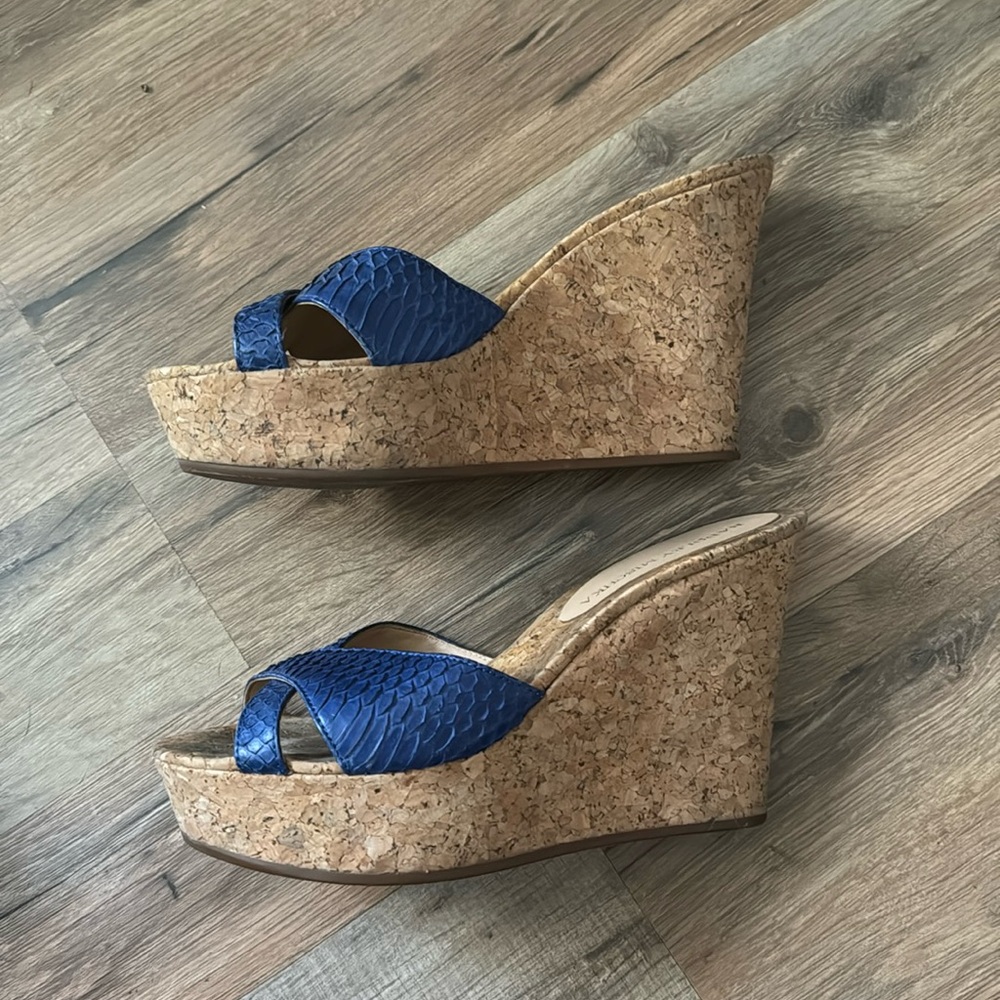 Badgley Mischka blue snake-like and cork wedge - size 6.5